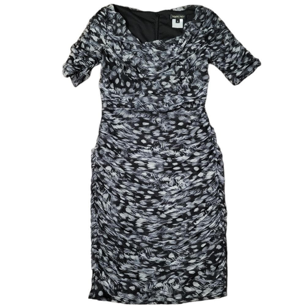 Tadashi Shoji Silk Black Gray Ruched Cocktail Formal Mini Dress Size 6